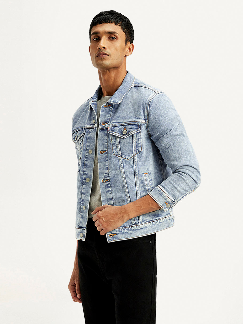 Men's Solid Blue Spread Collar Trucker Jacket - Styleshot View