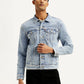 Men's Solid Blue Spread Collar Trucker Jacket - Front View