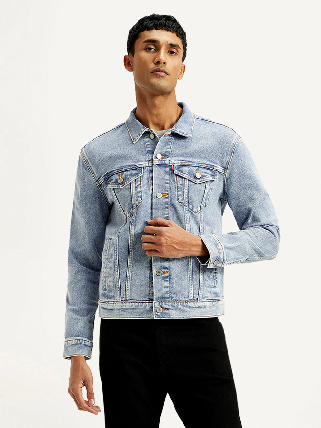 Men's Solid Blue Spread Collar Trucker Jacket