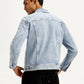Men's Solid Blue Spread Collar Trucker Jacket - Back View