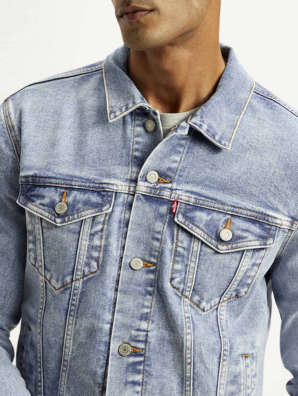 Men's Solid Blue Spread Collar Trucker Jacket - Detail View