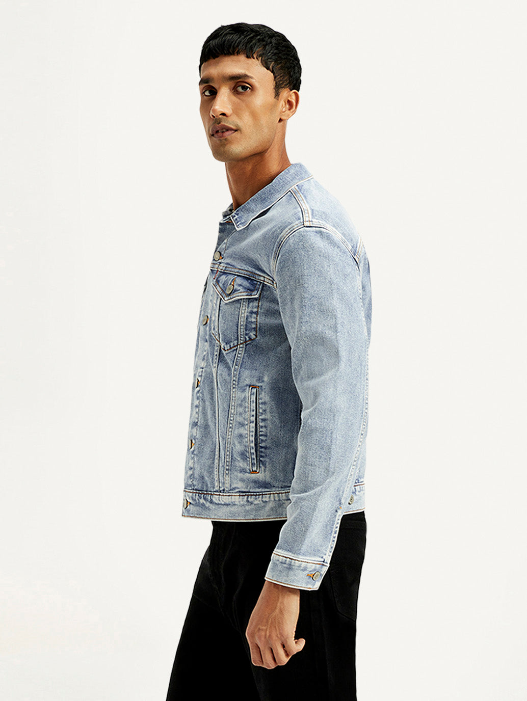 Men's Solid Blue Spread Collar Trucker Jacket - Side View