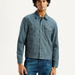 Men's Solid Blue Spread Collar Linen Jacket - Front View