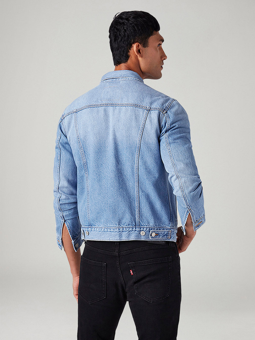 Men's Solid Regular Fit Denim Jacket - Back View