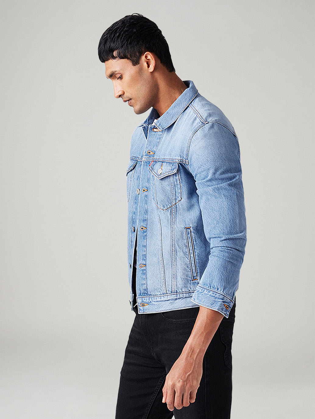 Men's Solid Regular Fit Denim Jacket - Side View