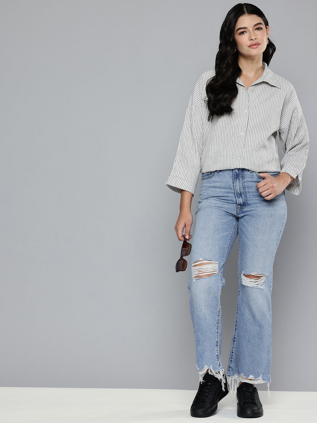 Women's Blue Ribcage Cropped Bootcut Fit High Rise Jeans