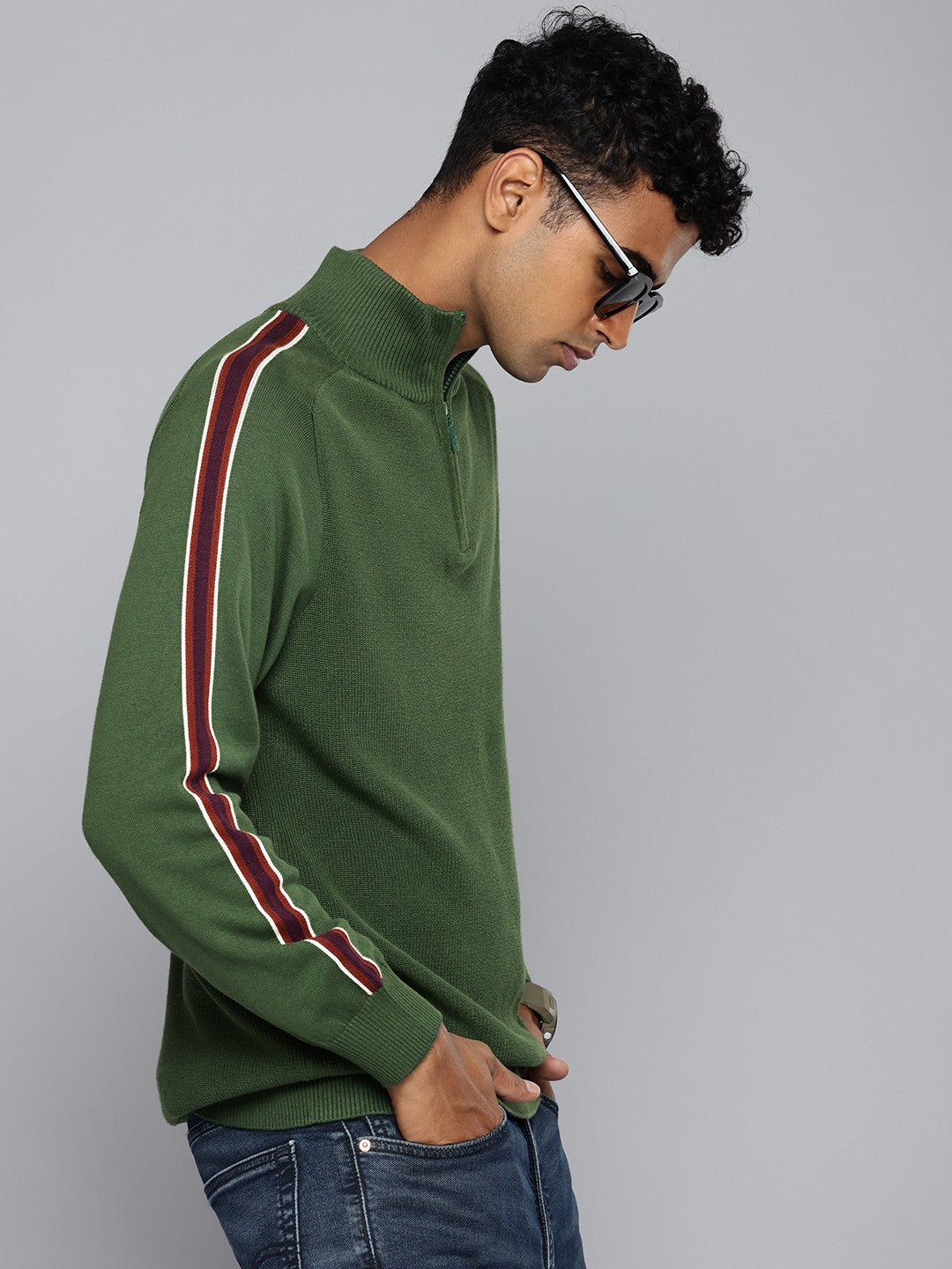 Men's Striped Green High Neck Sweater - 28fdf883-46ae-496c-9682-2a9cb21e78be1729771586187-Levis-Men-Sweaters-5391729771585674-1 View