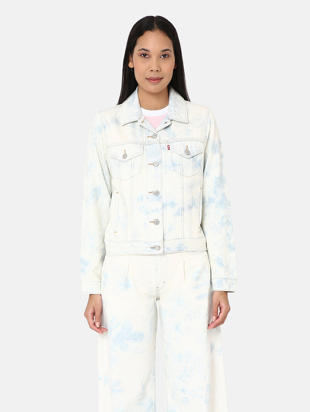 Women's Solid Spread Collar Denim Trucker Jacket - Front View