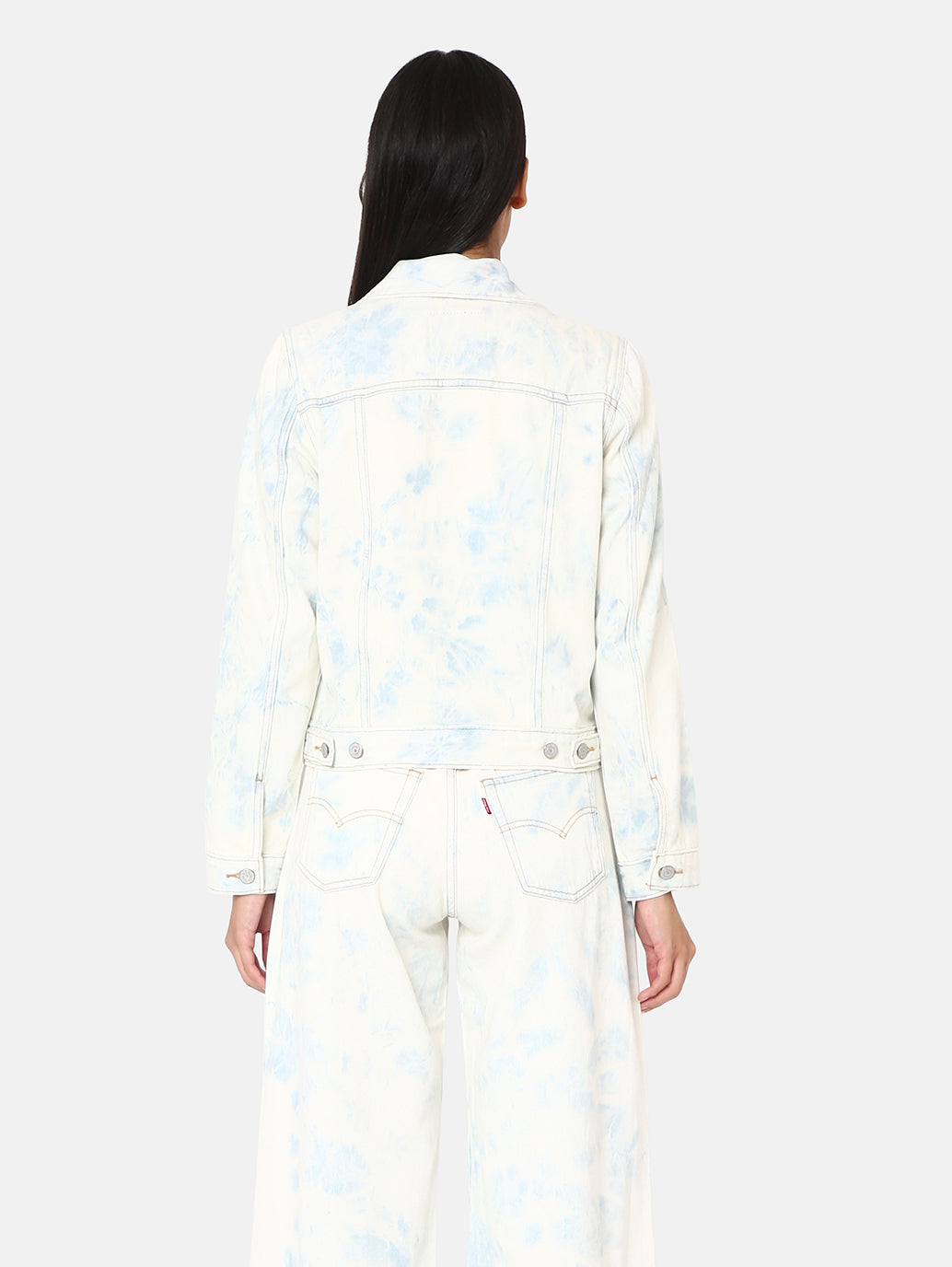 Women's Solid Spread Collar Denim Trucker Jacket - Back View