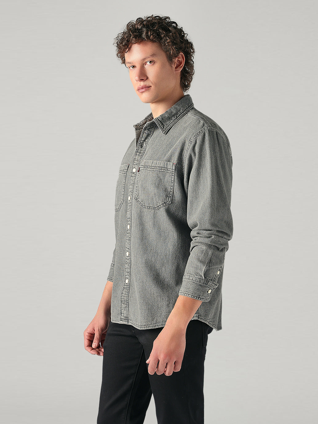 Men's Grey Solid Relaxed Fit Denim Shirt - 37c676ae-1083-4be3-9bd4-b2fd045da53e View