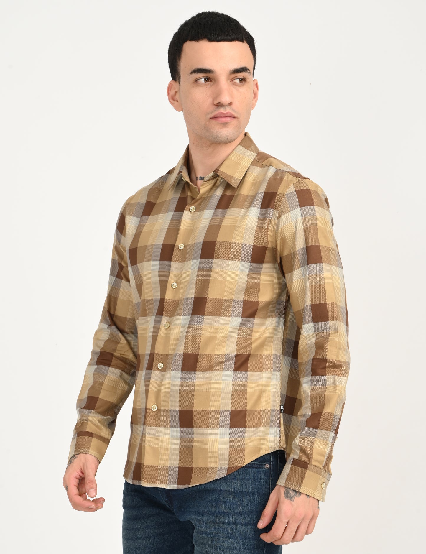 Men's Checkered Light Brown Slim Fit Shirt - 8d90dce6-648b-4bf3-a83b-1823fdd9e612 View