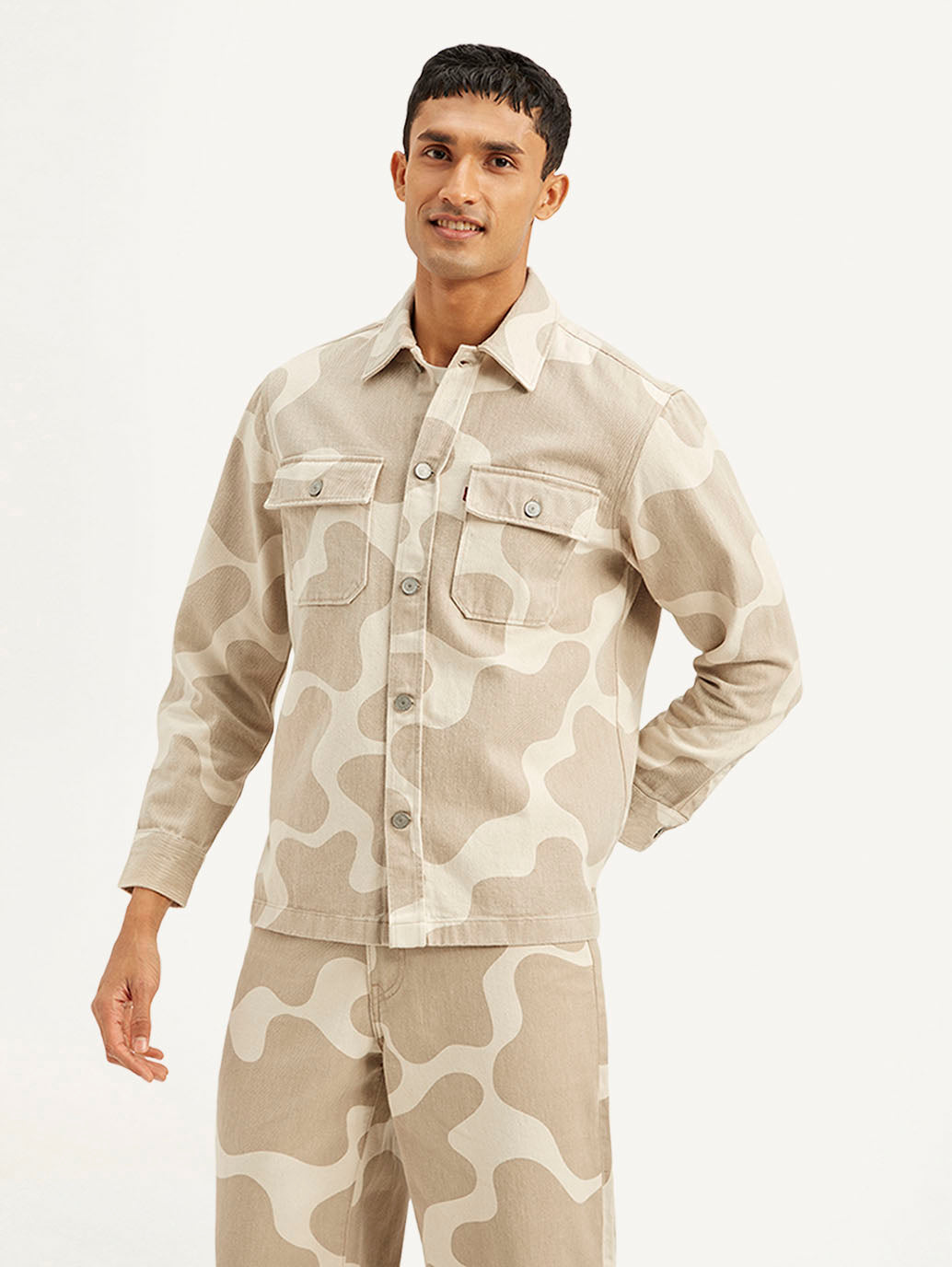 Men's Abstract Beige Relaxed Fit Utility Overshirt - 2d3bab9219117780670384f5d74ceceb View