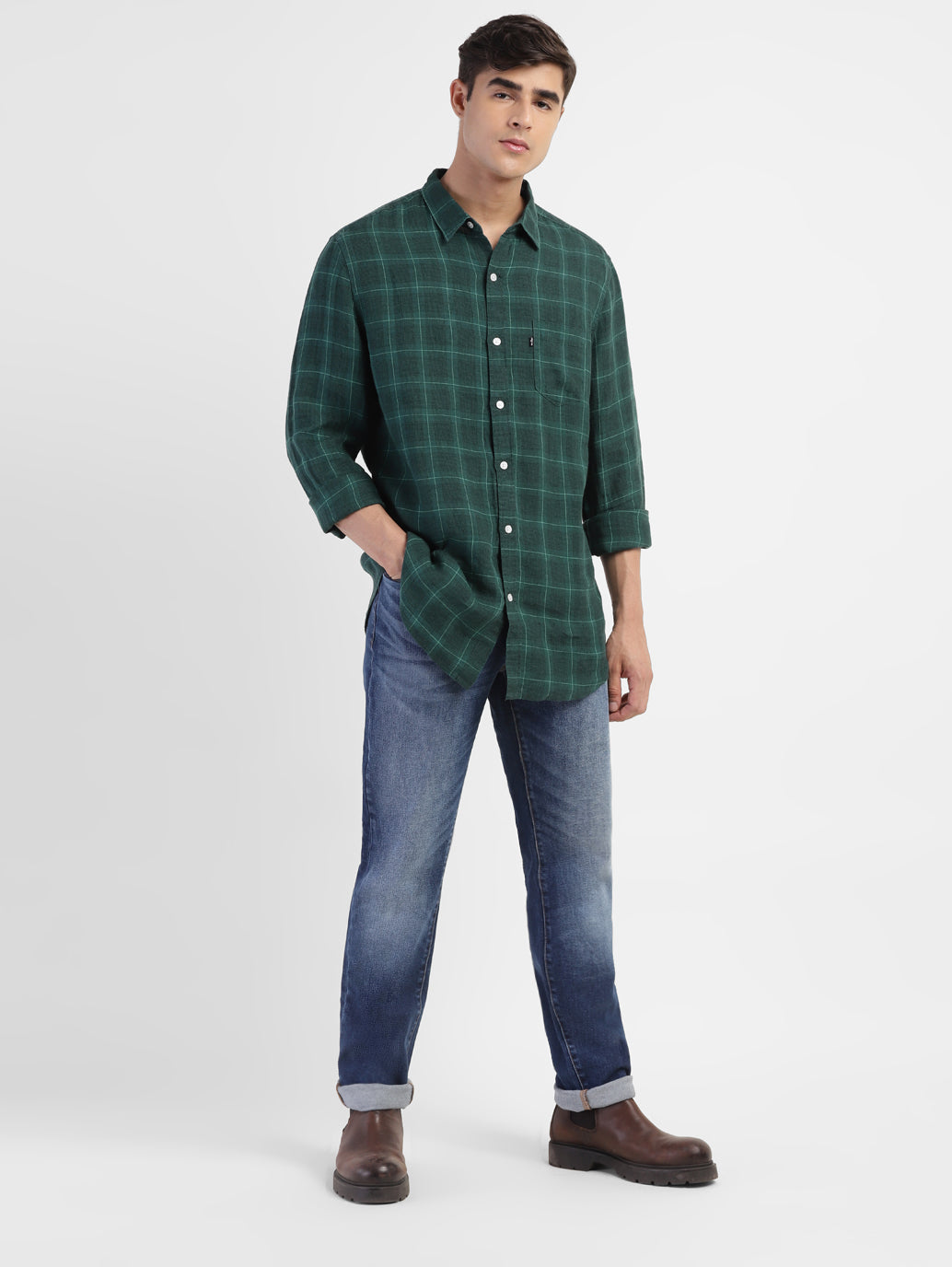 Men's Checkered Spread Collar Linen Shirt - 21e4645d-ed80-42e3-acbd-85dfb63f12a2 View
