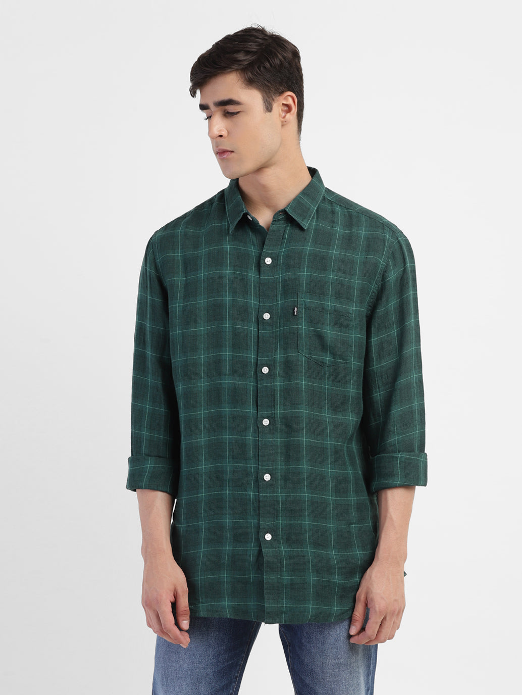 Men's Checkered Spread Collar Linen Shirt - 54d63222-d17e-4c3f-bb53-5e282781bc6f View
