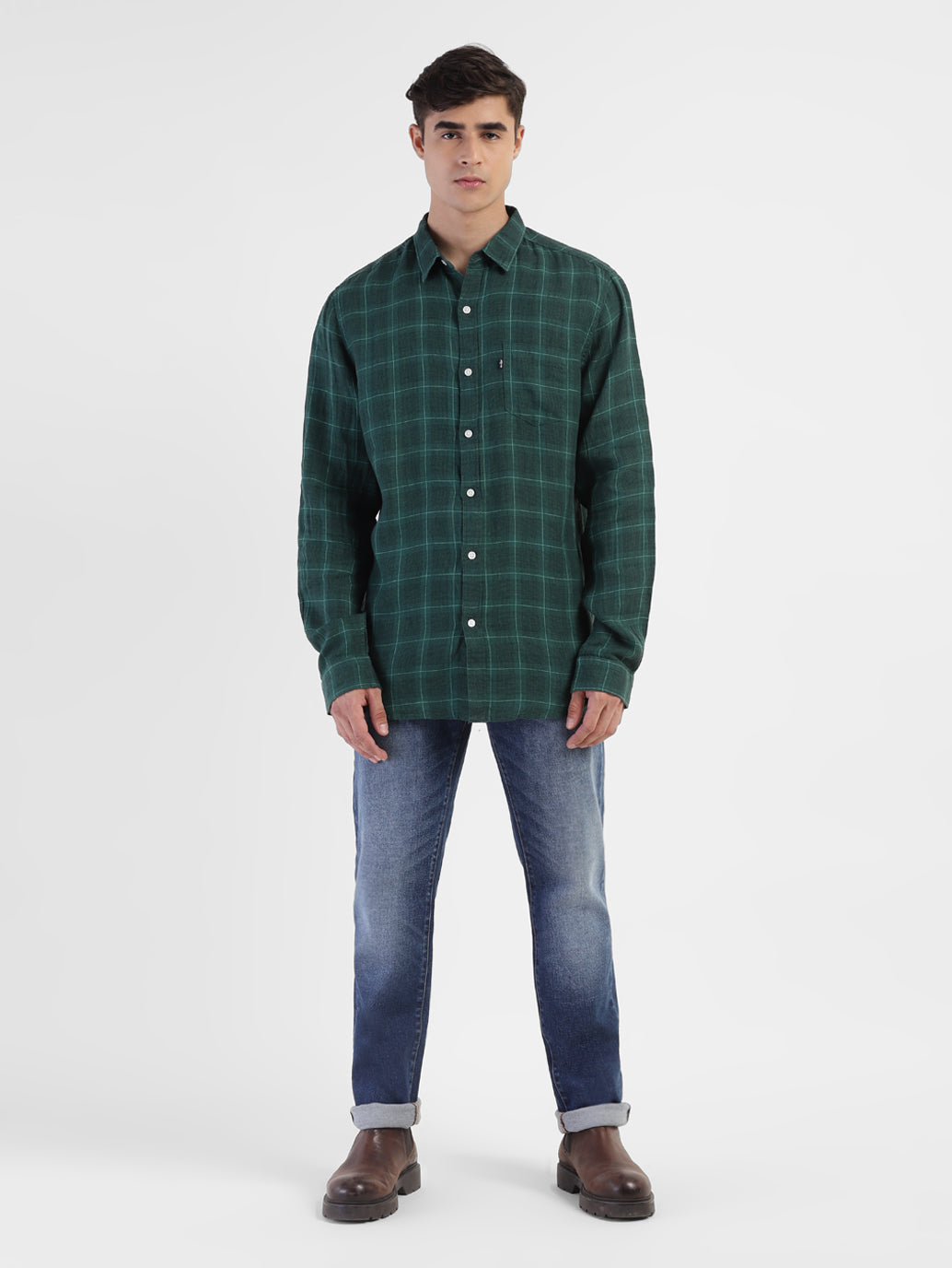 Men's Checkered Spread Collar Linen Shirt - b39407b5-3530-40af-80f0-40d588cf6a34 View