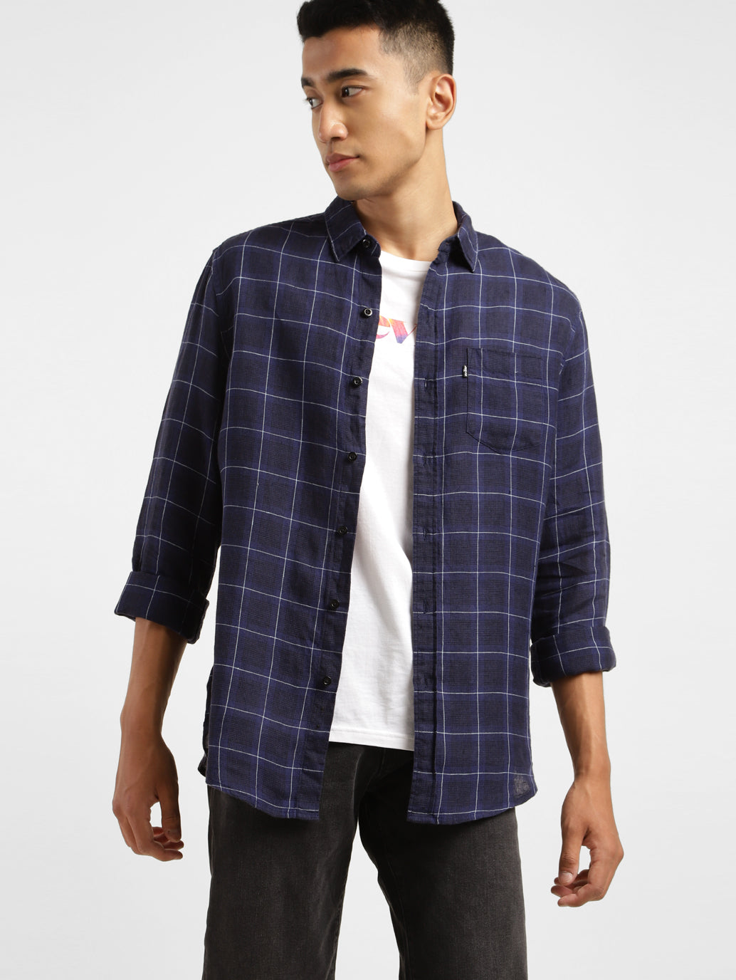 Men's Checkered Spread Collar Linen Shirt Purple - 196220c5-7869-465f-bb07-820b64c883bf View