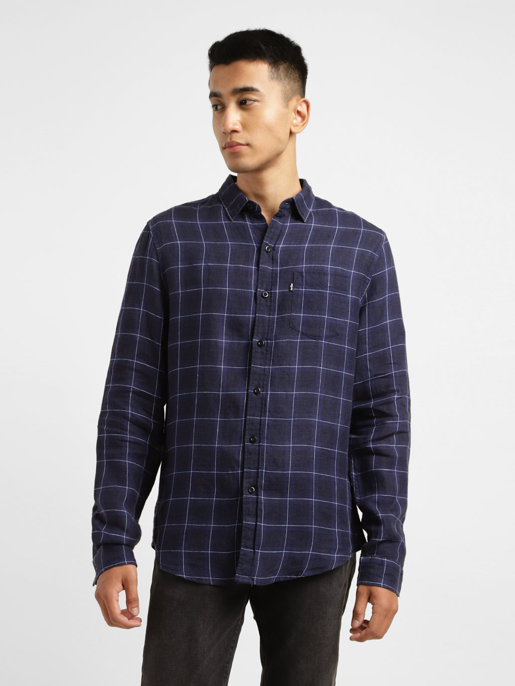 Men's Checkered Spread Collar Linen Shirt Purple - 029d037f-a1ca-4092-a779-4ddf152c9880 View