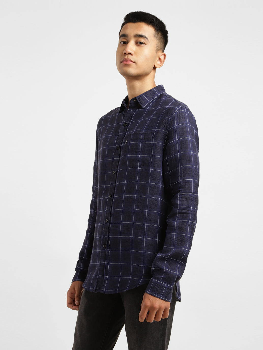 Men's Checkered Spread Collar Linen Shirt Purple - a9915dd3-b11e-42bc-87d5-8912036fa016 View
