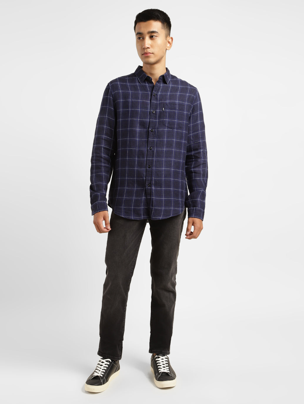Men's Checkered Spread Collar Linen Shirt Purple - e0e7ba84-e97e-4349-a2bb-c9d2547f4600 View