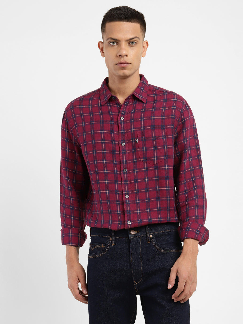 Men's Checkered Spread Collar Linen Shirt - c857cc21-0f61-46a5-8d4a-c97d434f3855 View