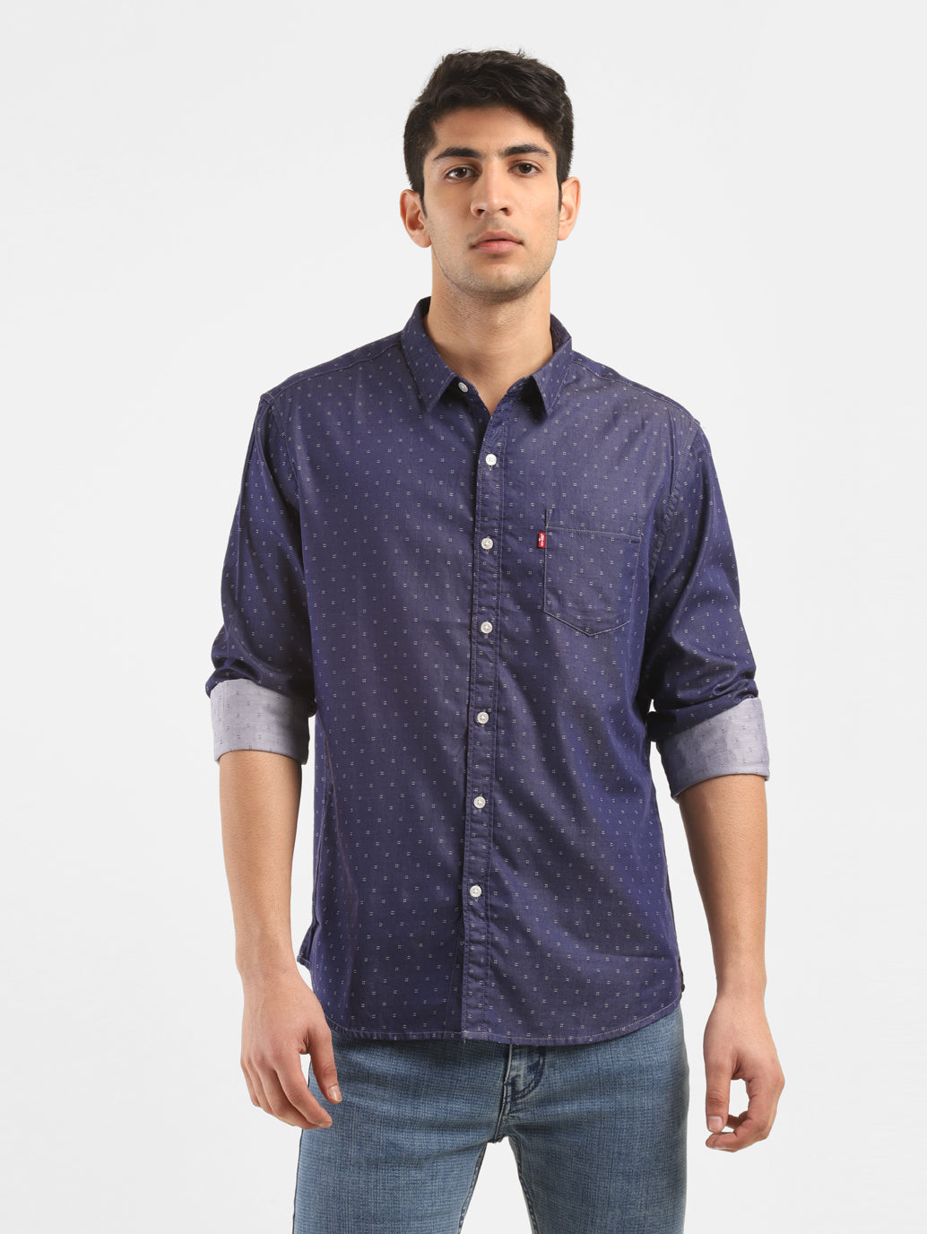 Men's Navy Printed Slim Fit Shirt - 5b2ec43a-1951-460d-995a-023c9cc3b8df View