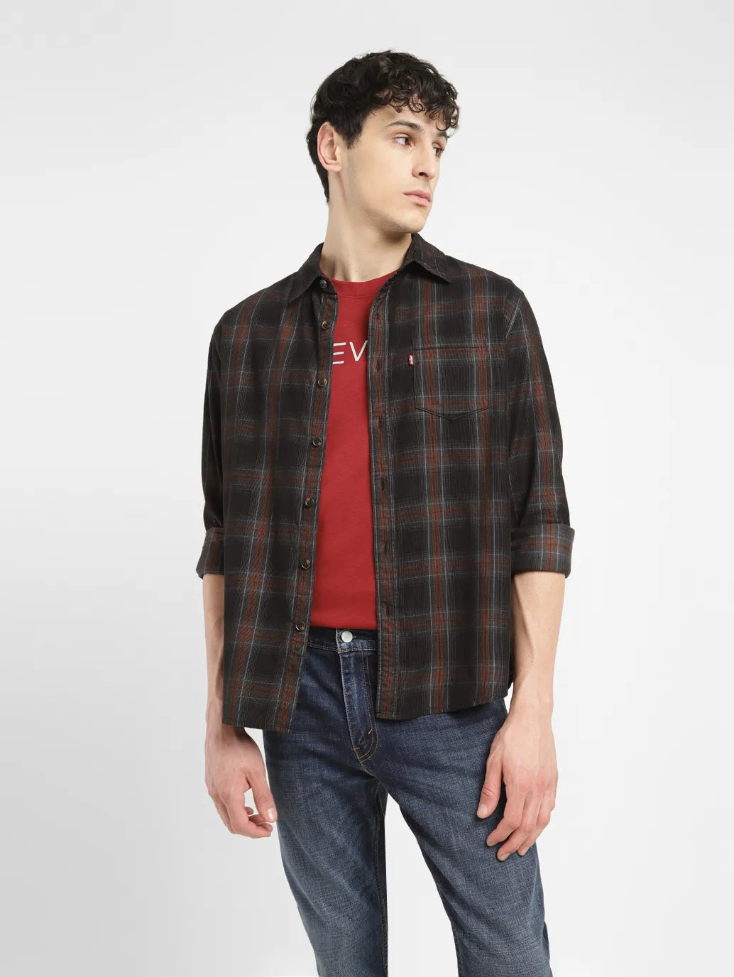 Men's Checkered Slim Fit Corduroy Shirt - 36d67555-33fa-4843-93c8-b3100d7560c2 View