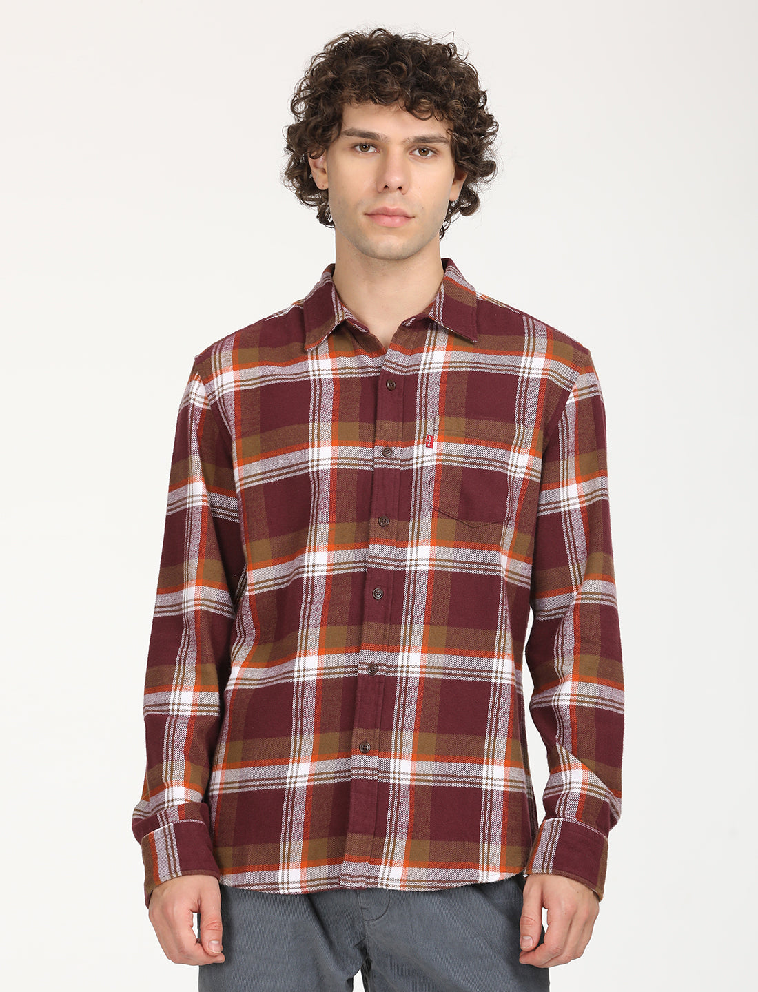 Men's Plaid Red Spread Collar Shacket - Front View