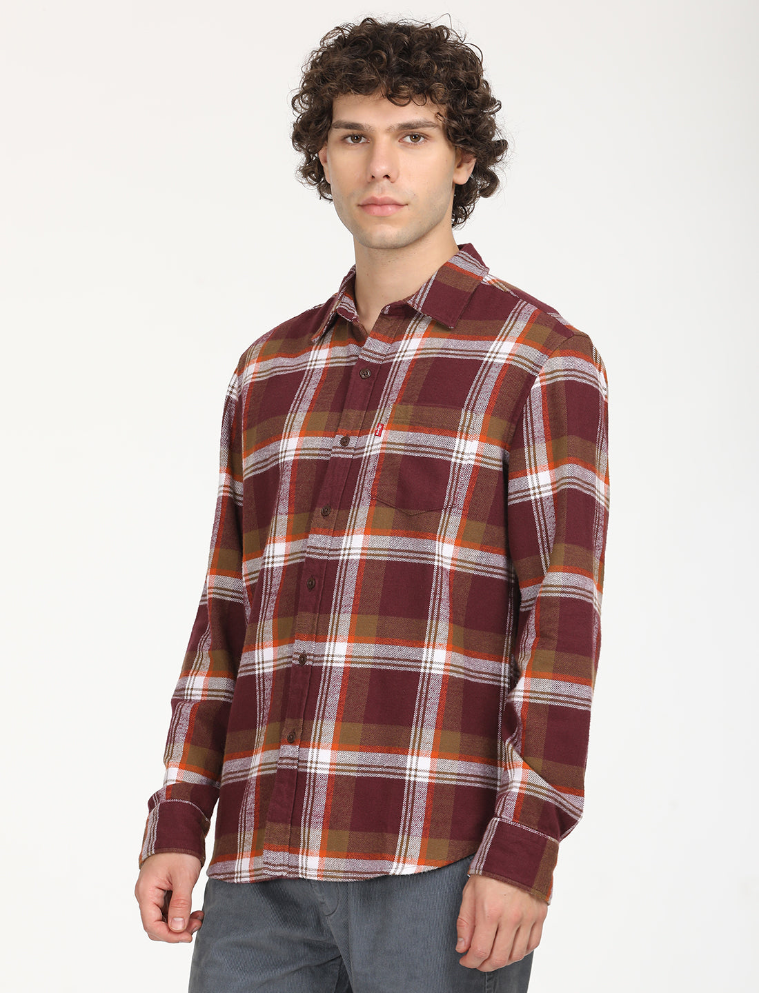 Men's Plaid Red Spread Collar Shacket - RightSide View