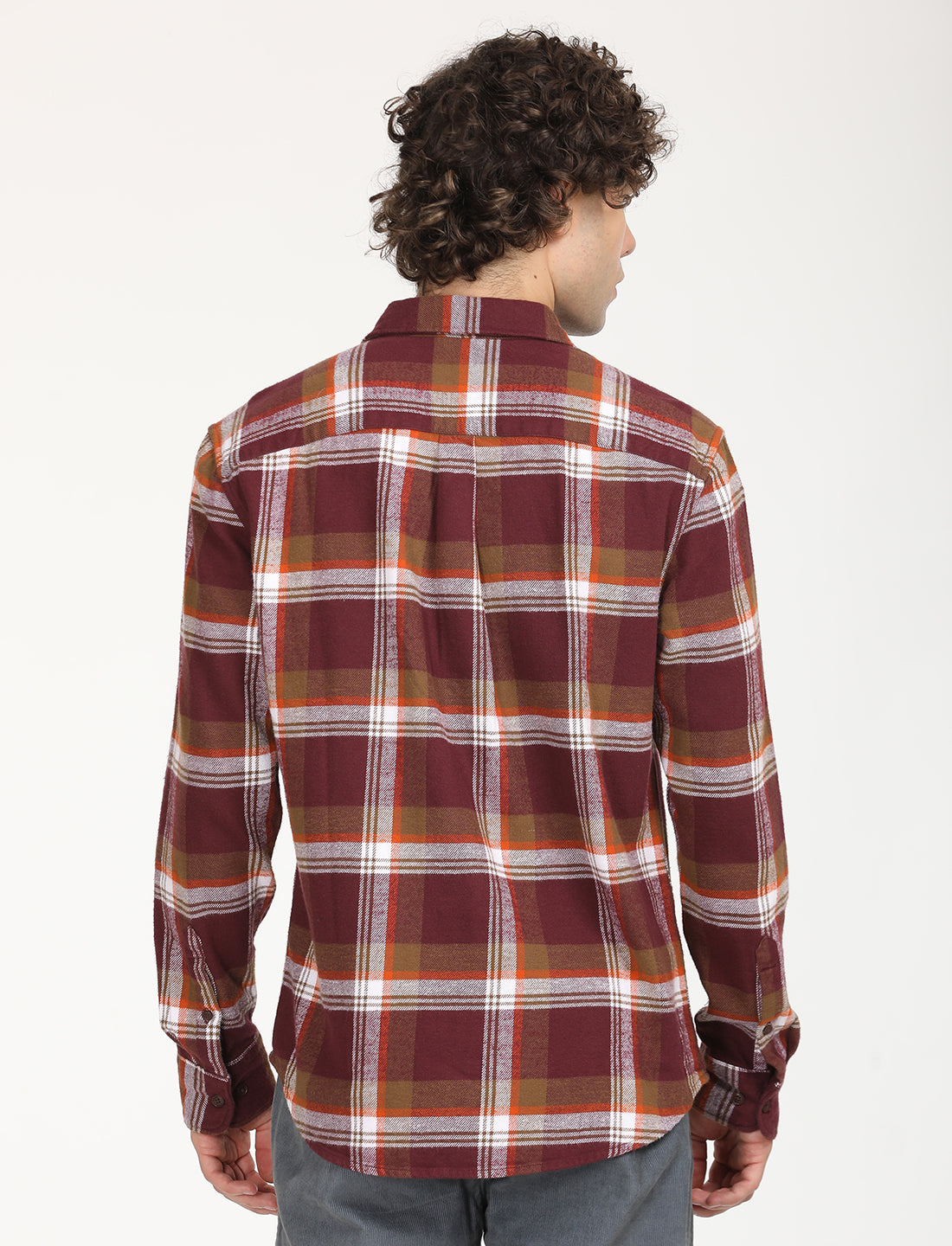 Men's Plaid Red Spread Collar Shacket - Back View