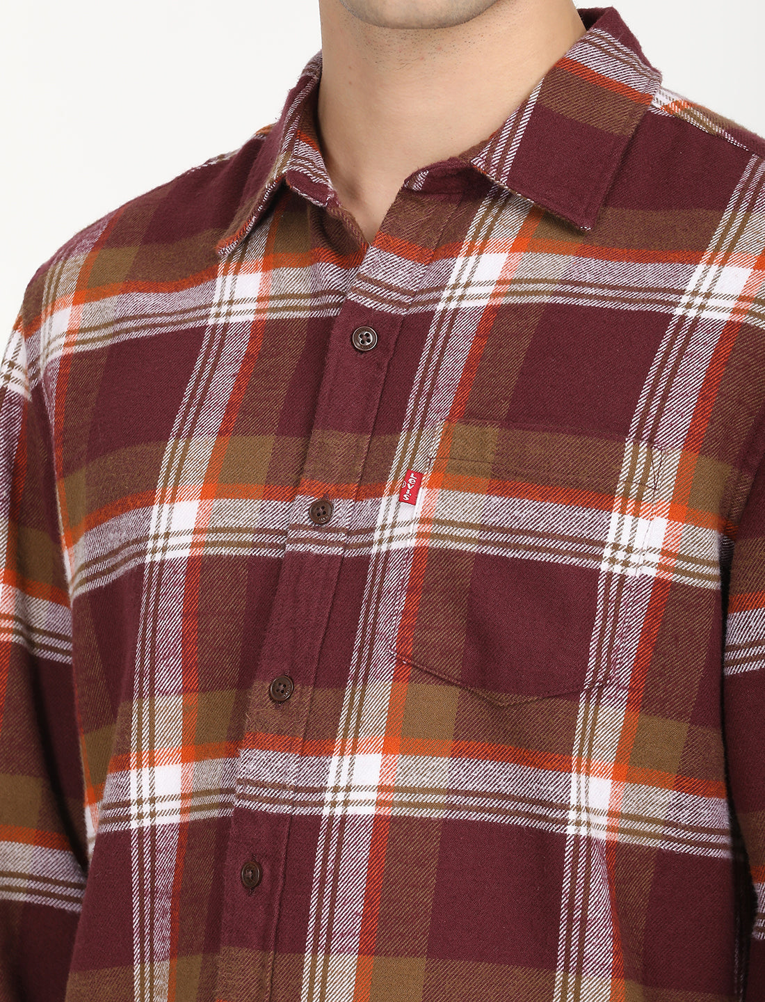 Men's Plaid Red Spread Collar Shacket - Detail View