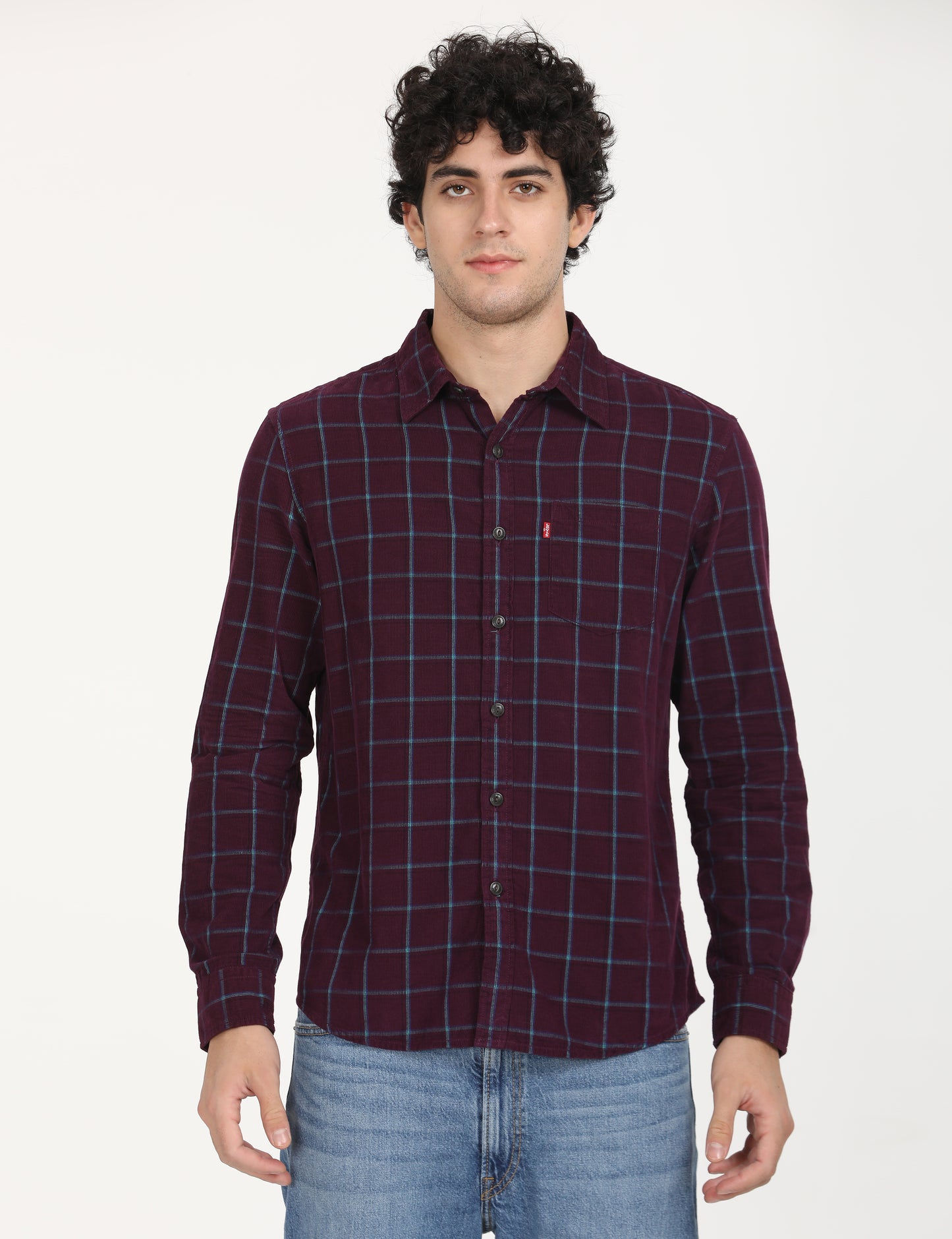 Men's Checkered Spread Collar Shirt - Front View