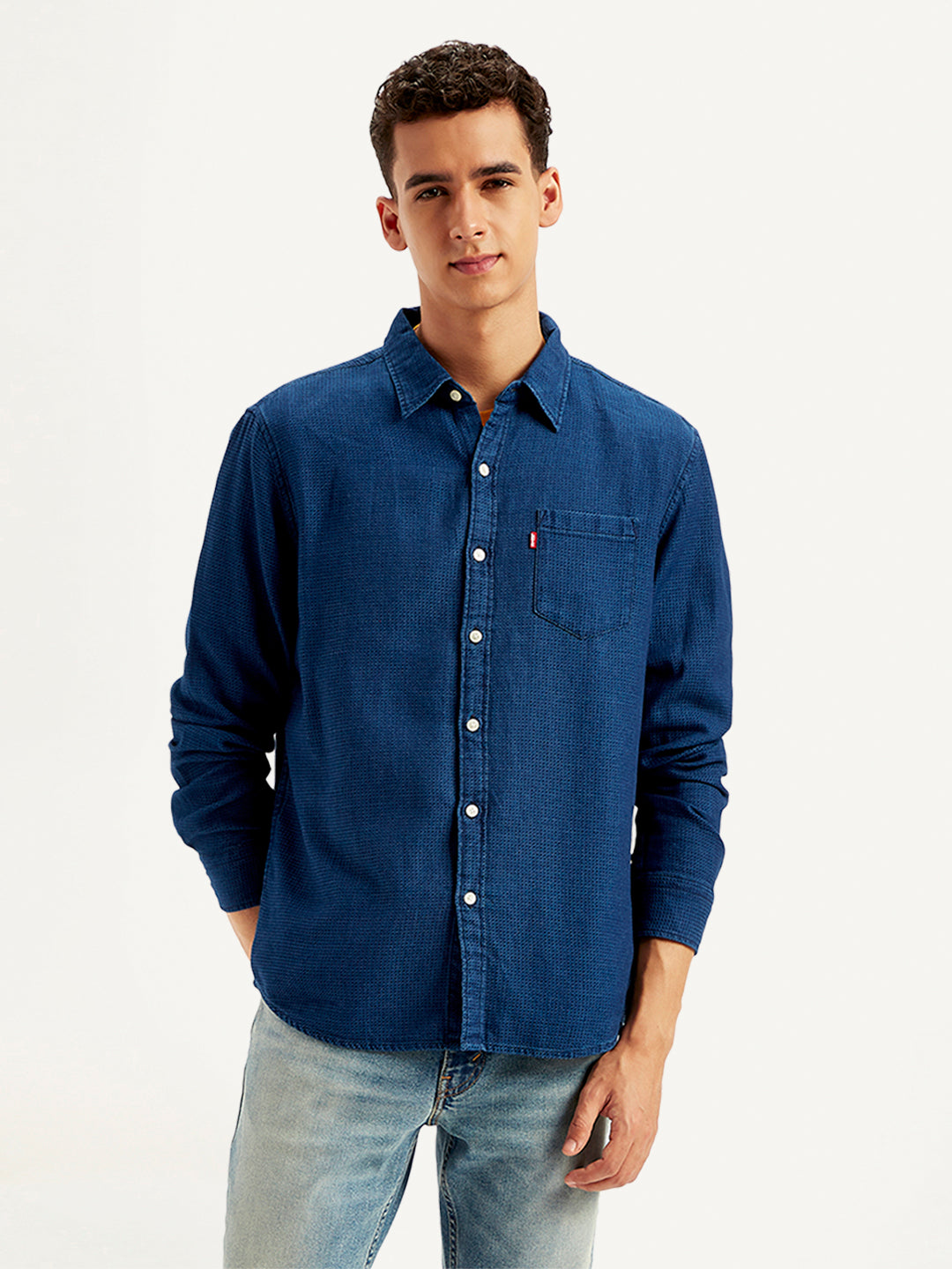 Men's Solid Regular Fit Denim Shirt - Front View