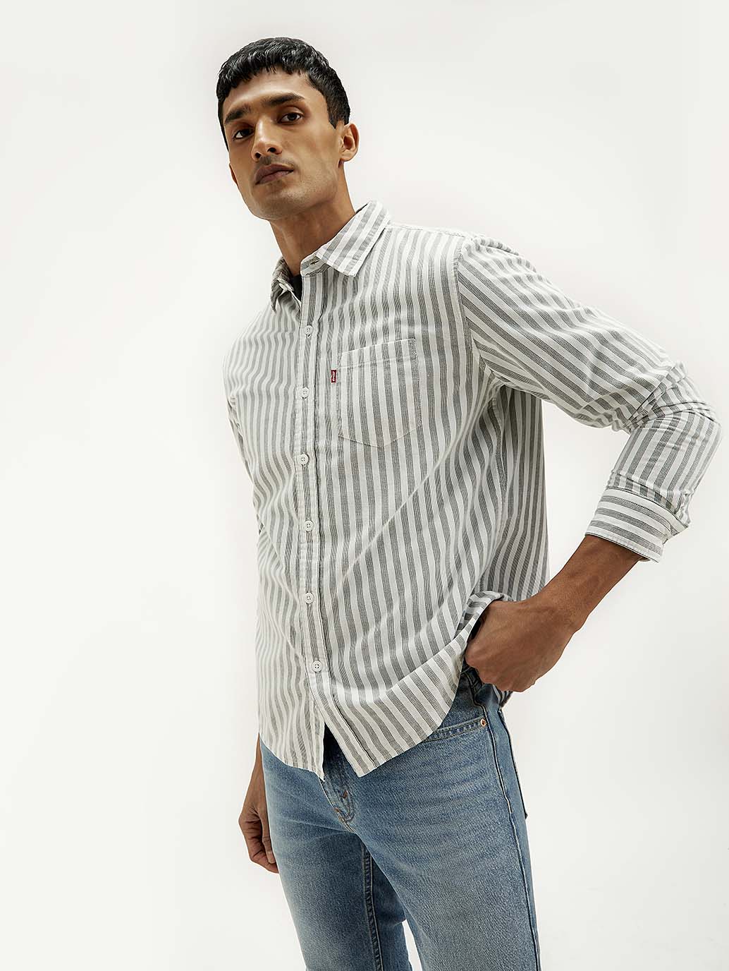 Men's Striped Slim Fit Corduroy Shirt - Elevated View