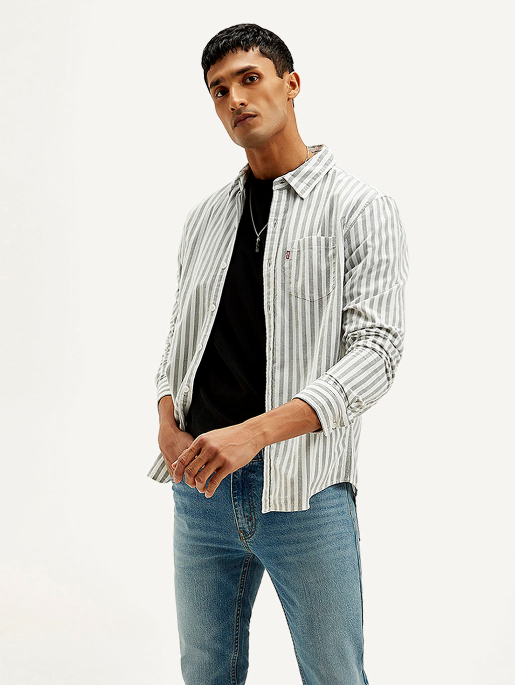 Men's Striped Slim Fit Corduroy Shirt - Styleshot View