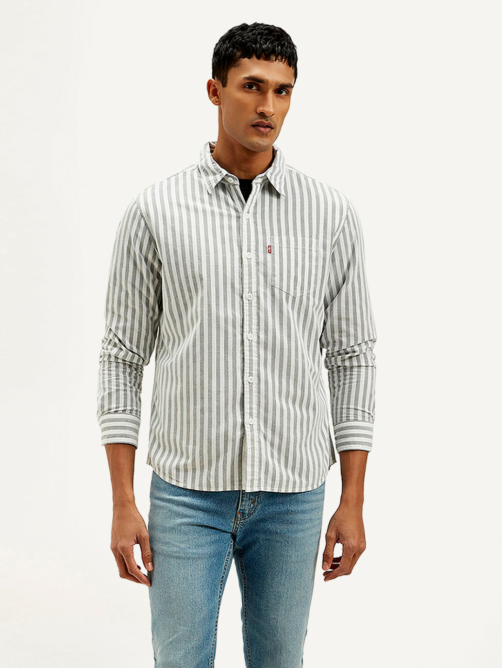Men's Striped Slim Fit Corduroy Shirt - Front View