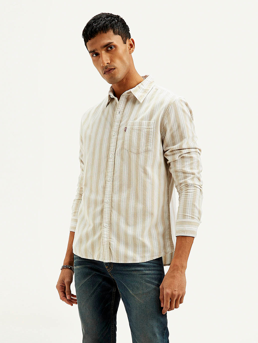 Men's Striped Slim Fit Corduroy Shirt - Elevated View