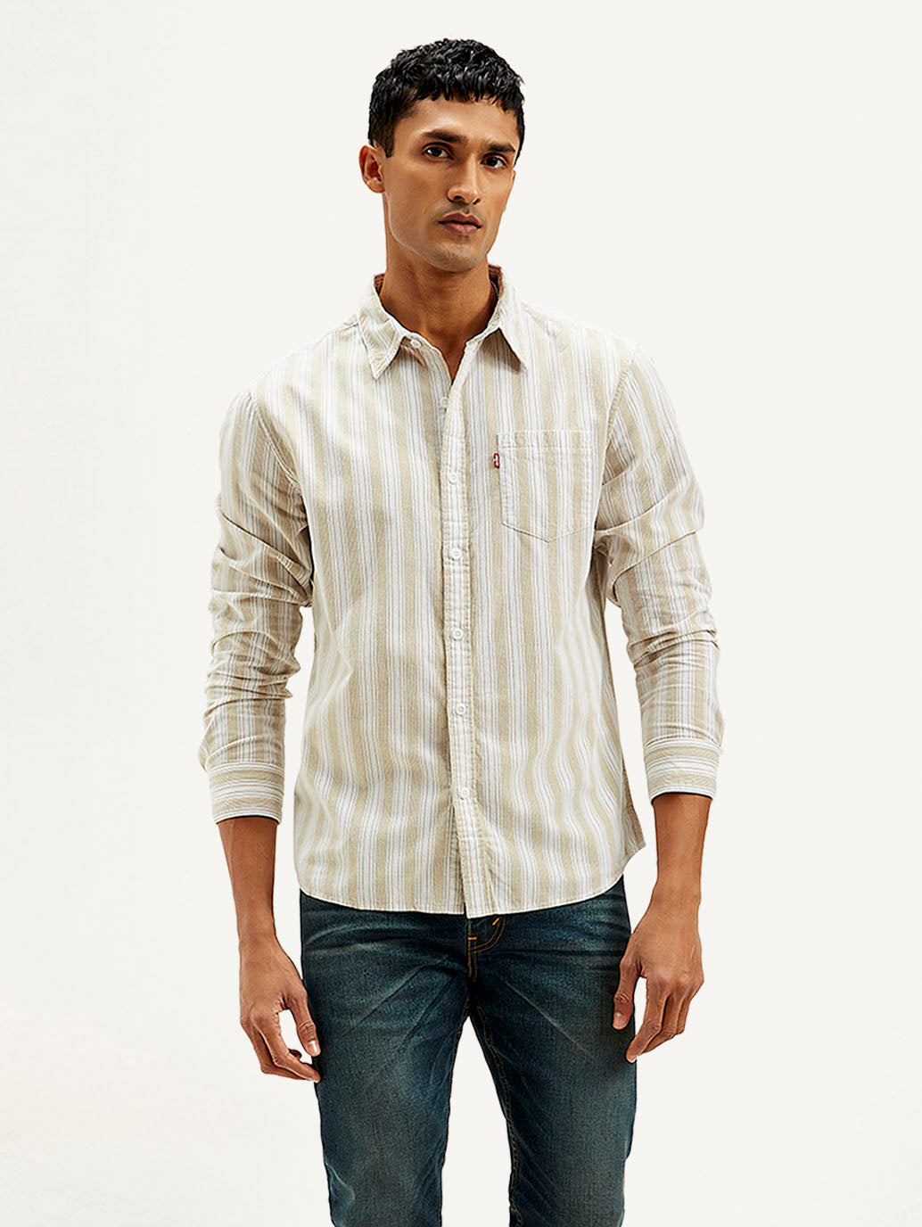 Men's Striped Slim Fit Corduroy Shirt - Front View