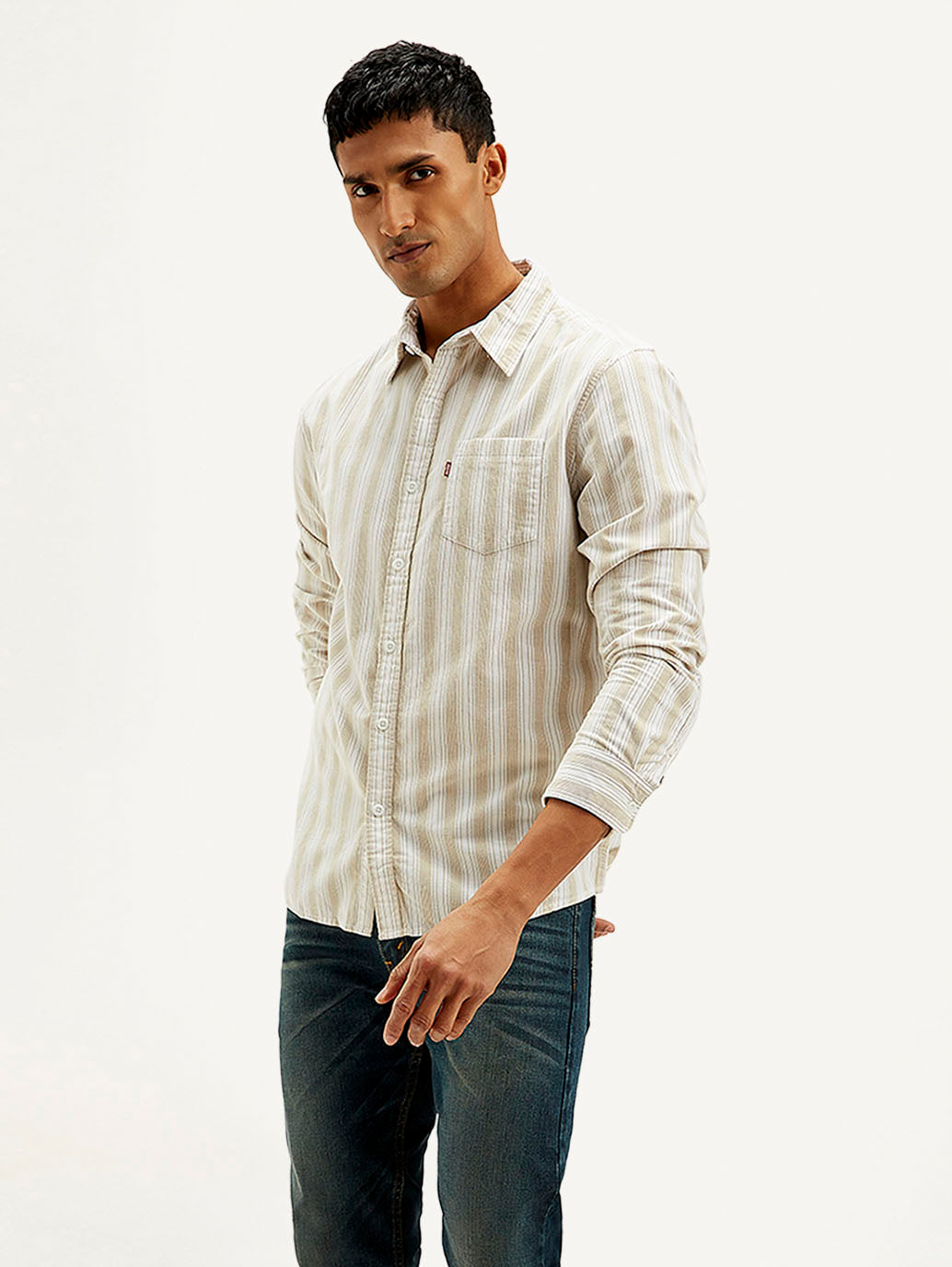 Men's Striped Slim Fit Corduroy Shirt - Side View