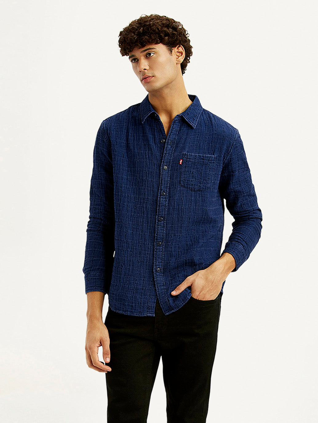 Men's Textured Dark Blue Slim Fit Shirt - Styleshot View