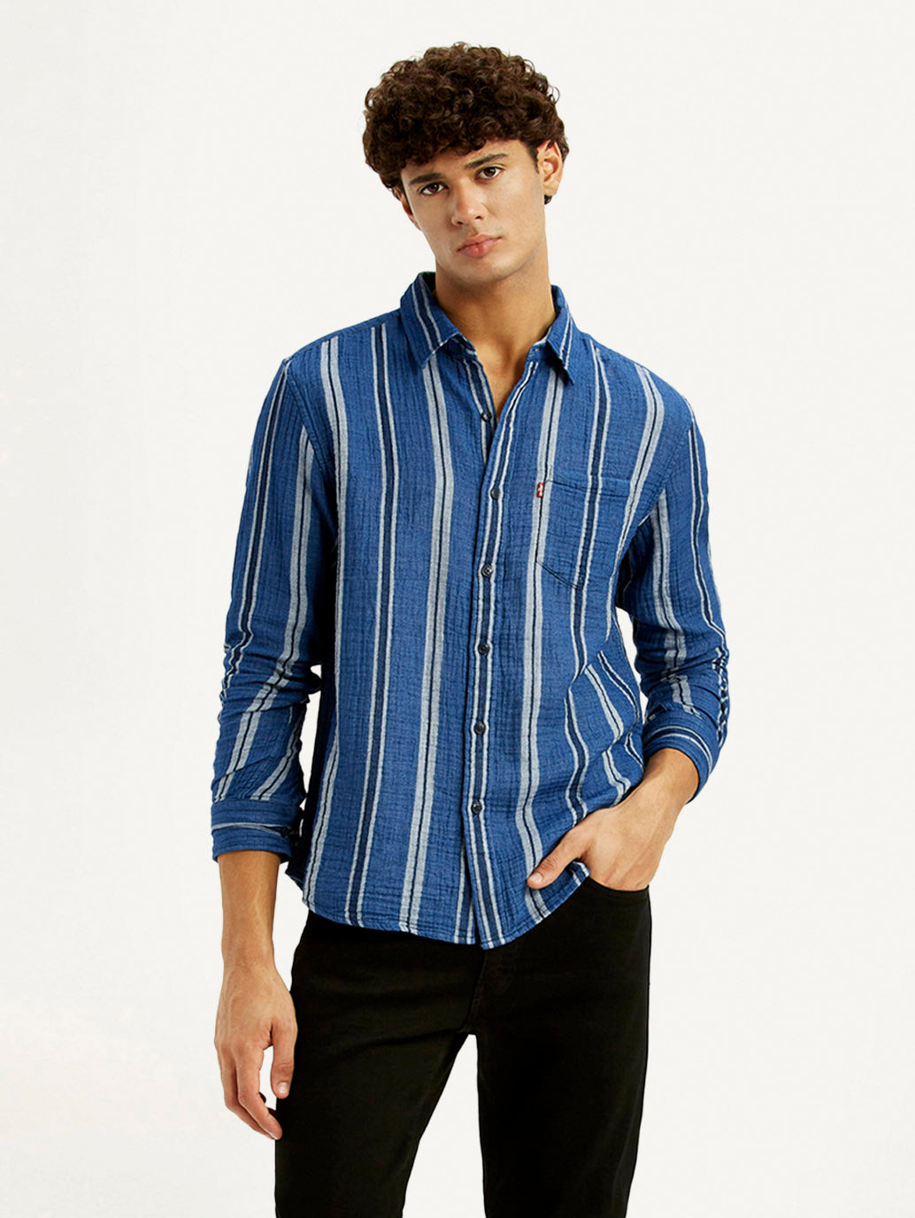 Men's Striped Blue Slim Fit Shirt - Styleshot View