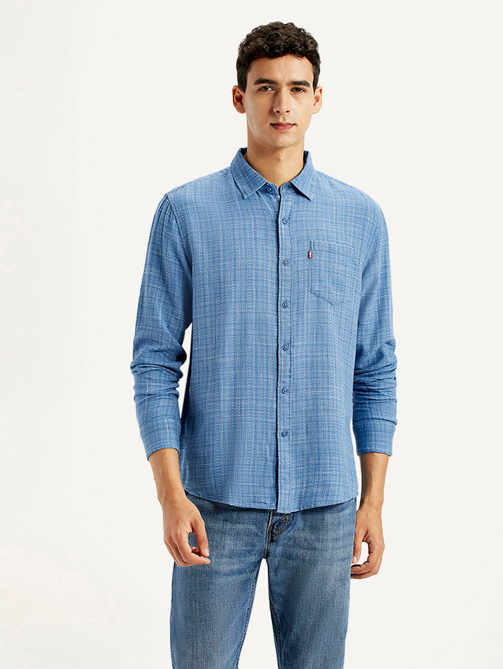 Men's Self Design Blue Slim Fit Shirt - Front View
