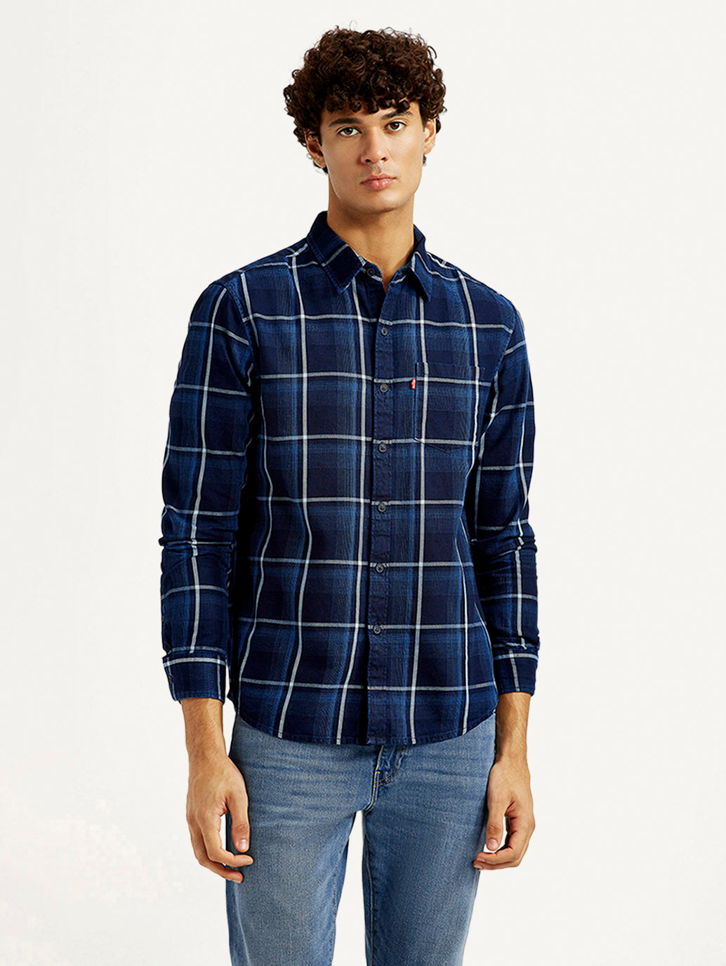 Men's Checkered Navy Slim Fit Shirt - Front View