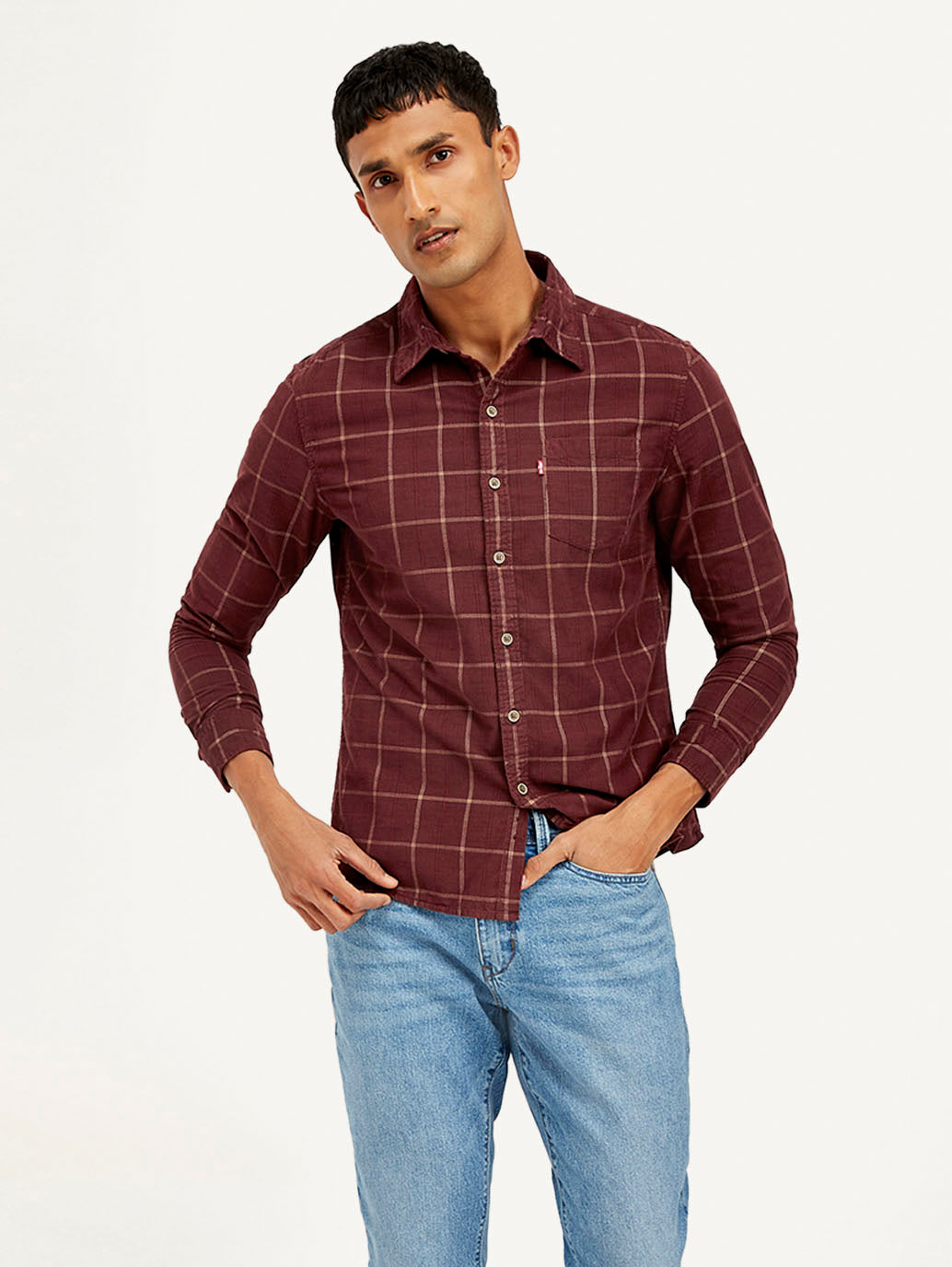 Men's Checkered Slim Fit Corduroy Shirt - Styleshot View