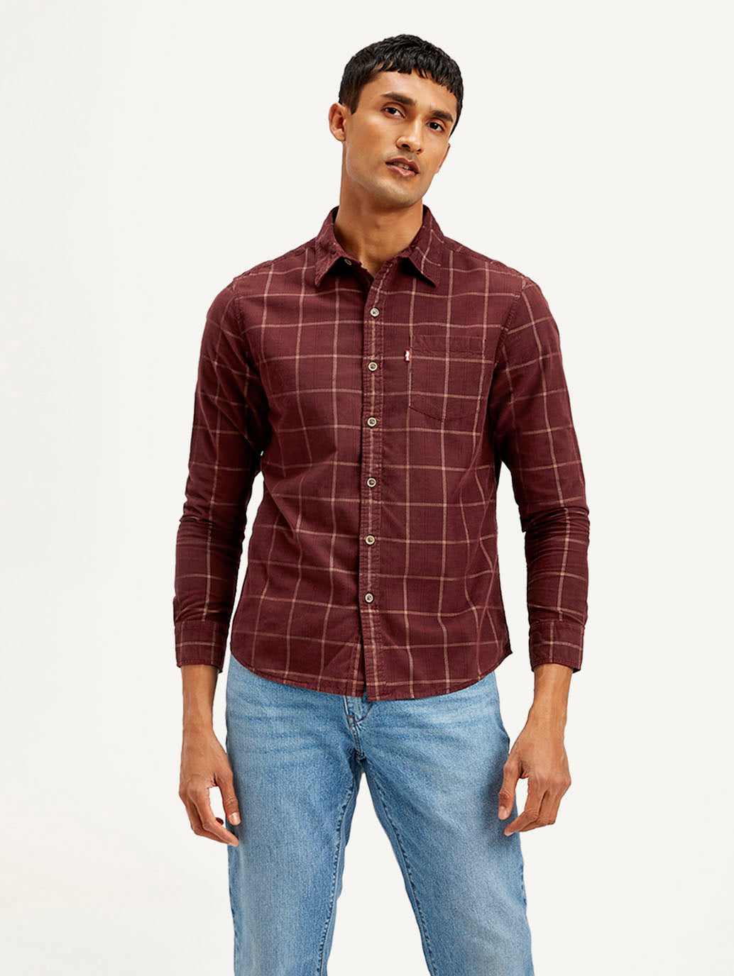 Men's Checkered Slim Fit Corduroy Shirt - Front View