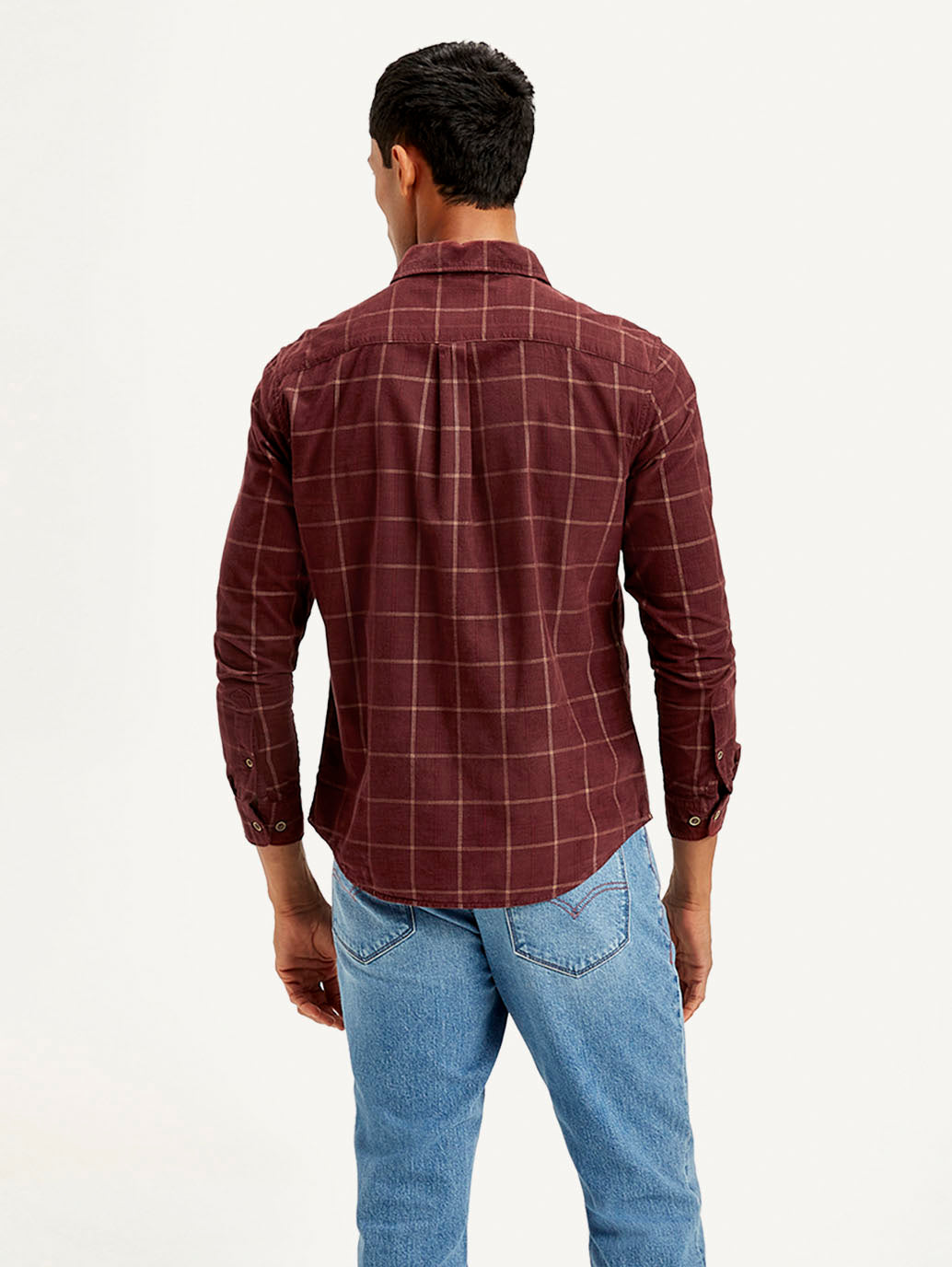 Men's Checkered Slim Fit Corduroy Shirt - Back View