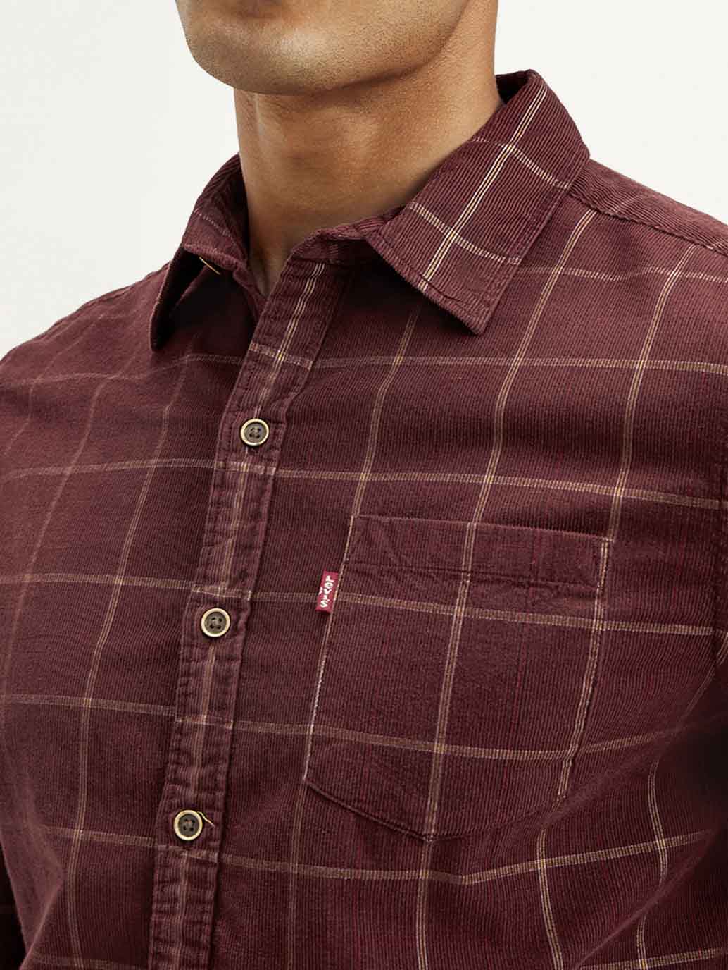 Men's Checkered Slim Fit Corduroy Shirt - Detail View