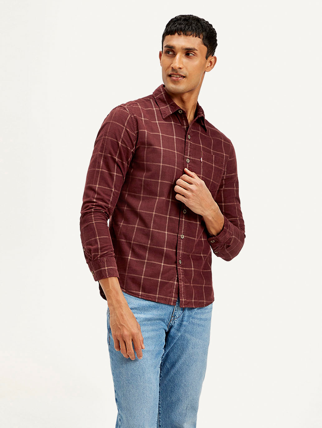 Men's Checkered Slim Fit Corduroy Shirt - Side View