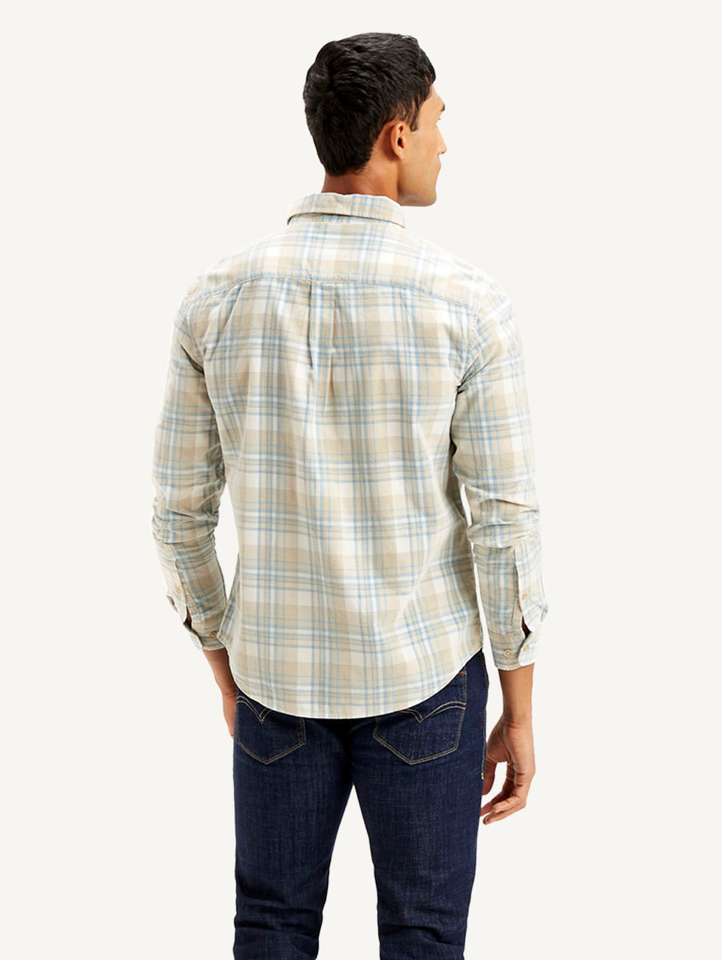 Men's Checkered Slim Fit Corduroy Shirt - Back View