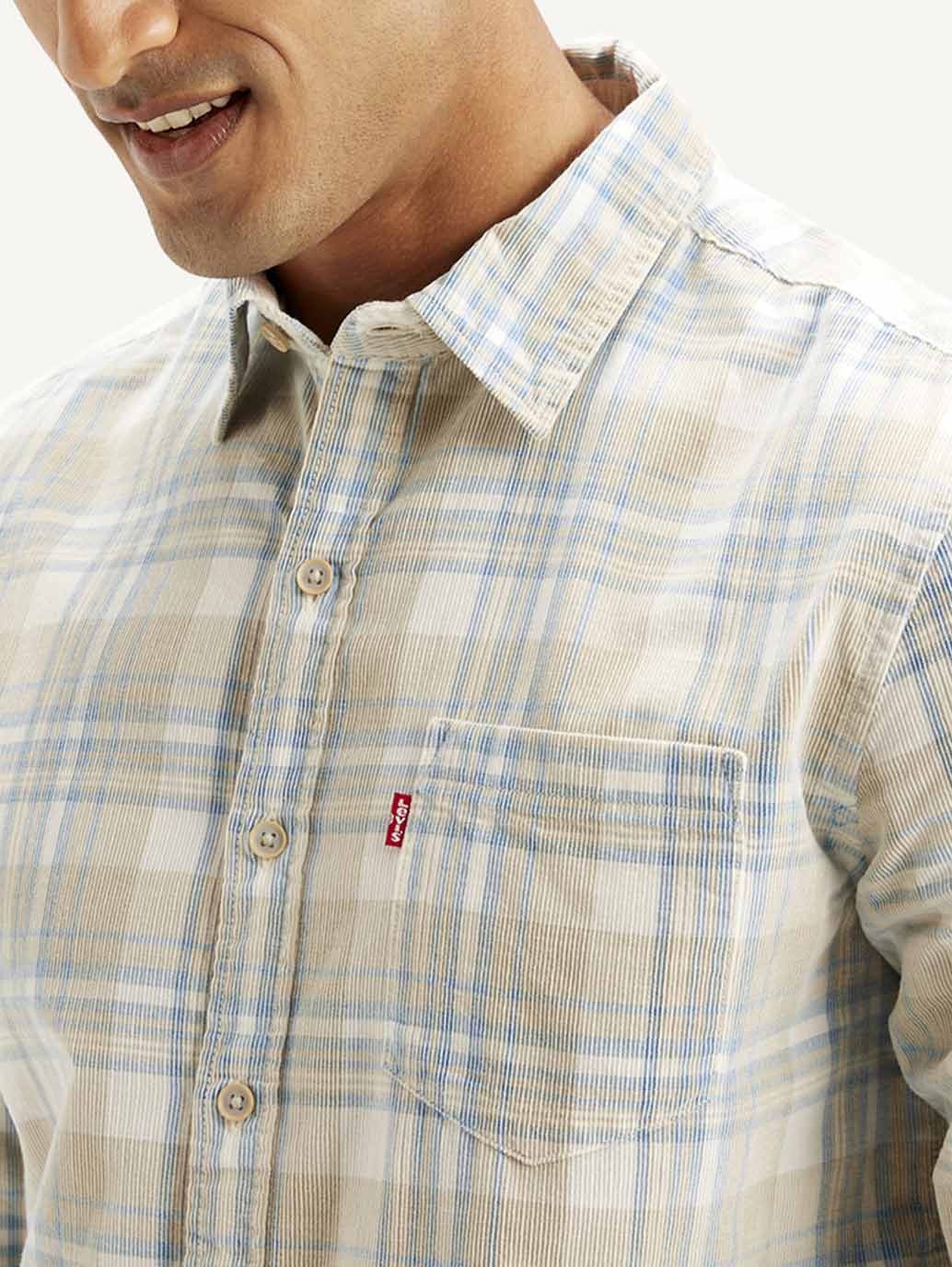 Men's Checkered Slim Fit Corduroy Shirt - Detail View