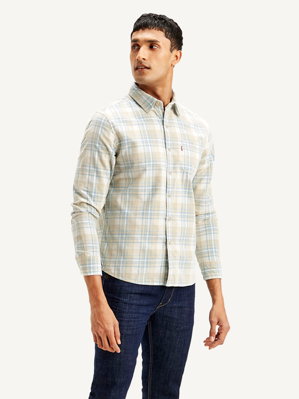 Men's Checkered Slim Fit Corduroy Shirt - Side View